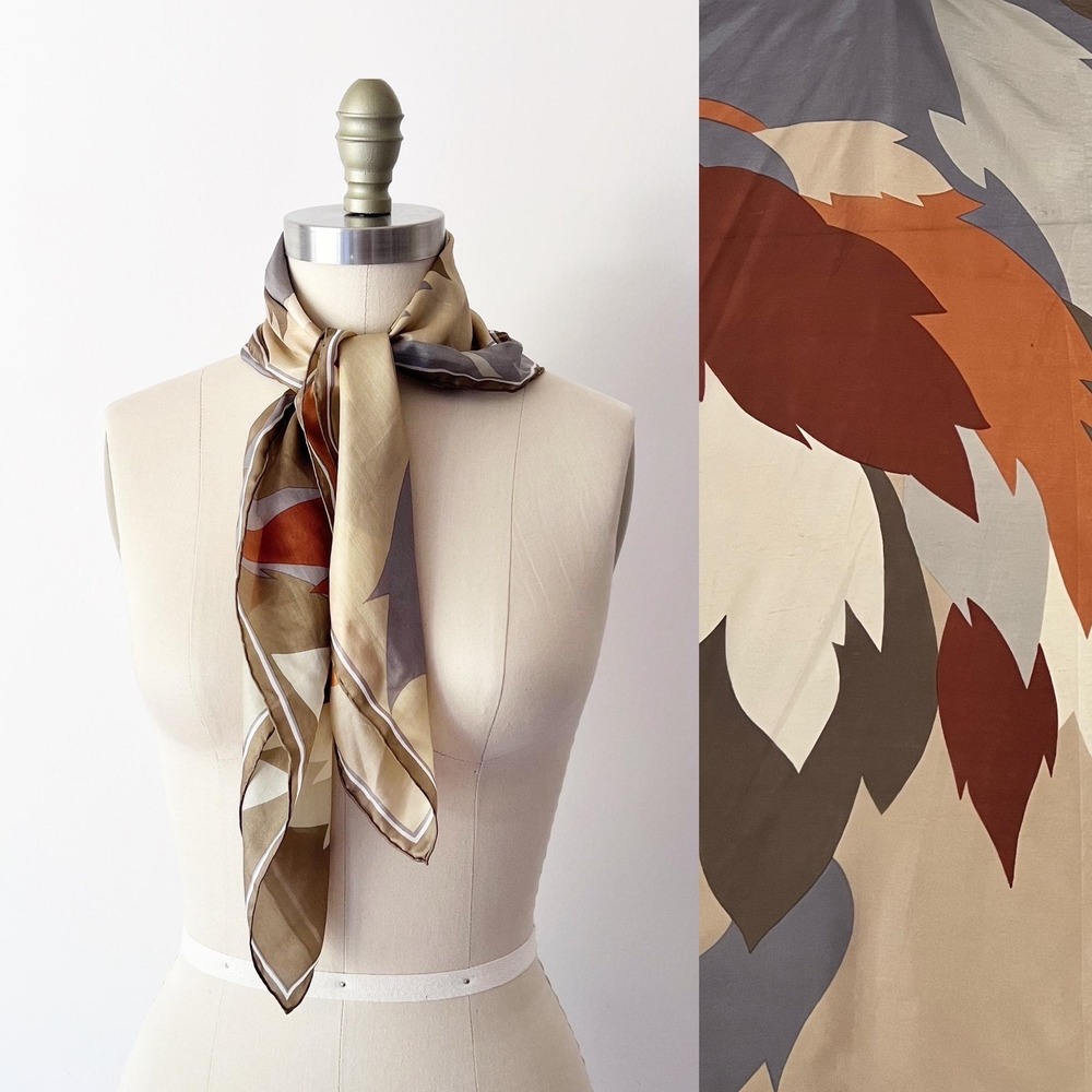 Vintage‎ Abstract Leaf Print Square Silk Scarf Tan Rust Grey Earth Tones 28x29